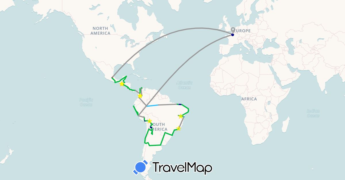 TravelMap itinerary: driving, bus, plane, hiking, boat in Argentina, Bolivia, Brazil, Chile, Colombia, Costa Rica, France, Guatemala, Mexico, Nicaragua, Panama, Peru (Europe, North America, South America)